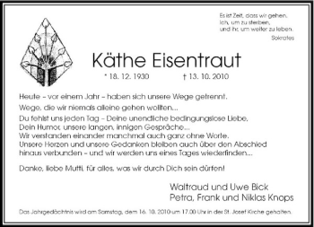 Traueranzeige von Käthe Eisentraut von Rheinische Post