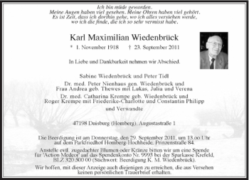 Traueranzeige von Karl Maximilian Wiedenbrück von Rheinische Post