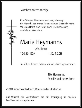 Traueranzeige von Maria Heymanns von Rheinische Post