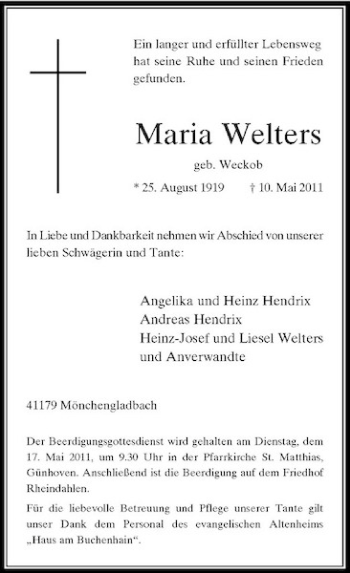 Traueranzeige von Maria Welters von Rheinische Post