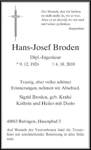 Traueranzeige von Hans-Josef Broden von Rheinische Post