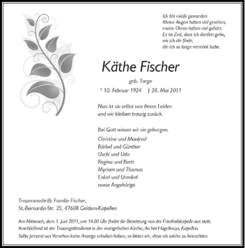 Traueranzeige von Käthe Fischer von Rheinische Post