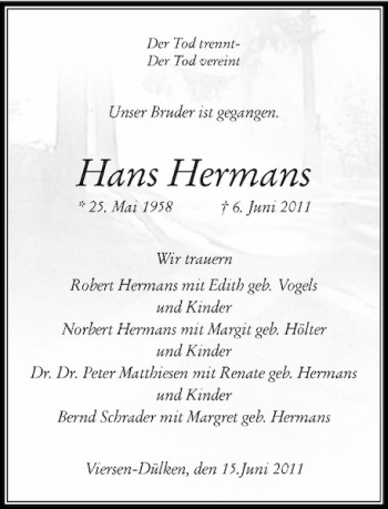 Traueranzeige von Hans Hermans von Rheinische Post