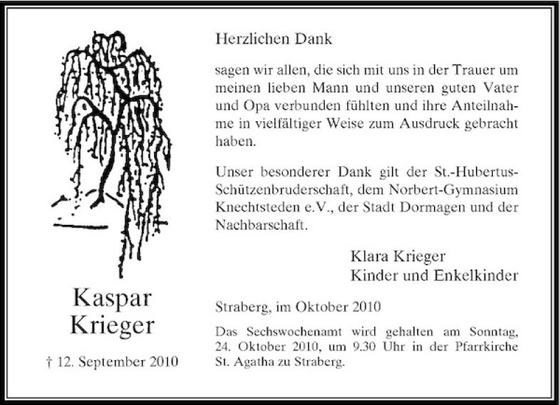  Traueranzeige für Kaspar Krieger vom 13.10.2010 aus Rheinische Post