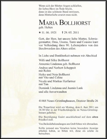 Traueranzeige von Maria Bollhorst von Rheinische Post