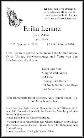 Traueranzeige von Erika Lenarz von Rheinische Post