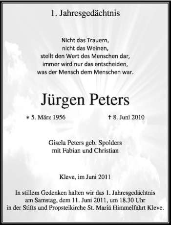 Traueranzeige von Jürgen Peters von Rheinische Post