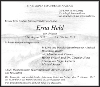 Traueranzeige von Held Erna von Rheinische Post