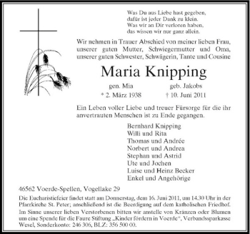 Traueranzeige von Maria Knipping von Rheinische Post