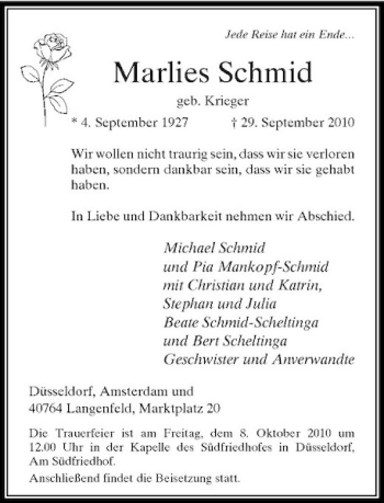 Traueranzeige von Marlies Schmid von Rheinische Post