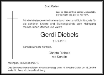 Traueranzeige von Gerdi Diebels von Rheinische Post
