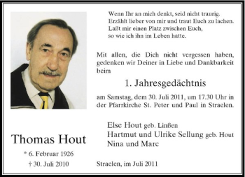 Traueranzeige von Thomas Hout von Rheinische Post