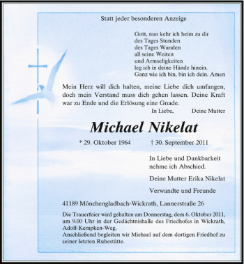 Traueranzeige von Michael Nikelat von Rheinische Post