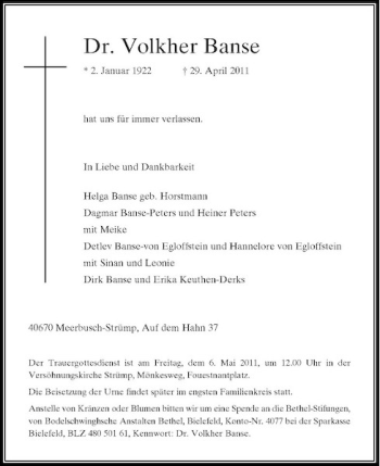 Traueranzeige von Dr. Volkher Banse von Rheinische Post