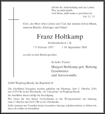 Traueranzeige von Franz Holtkamp von Rheinische Post