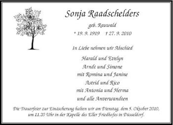 Traueranzeige von Sonja Raadschelders von Rheinische Post
