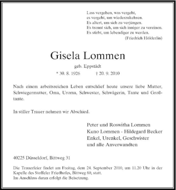 Traueranzeige von Gisela Lommen von Rheinische Post