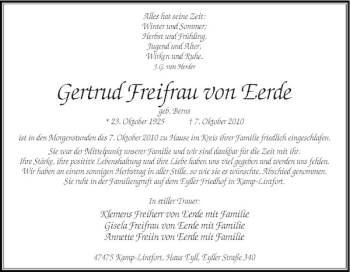 Traueranzeige von Gertrud Freifrau von Eerde von Rheinische Post