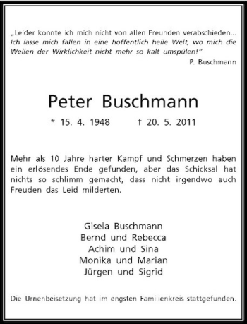 Traueranzeige von Peter Buschmann von Rheinische Post