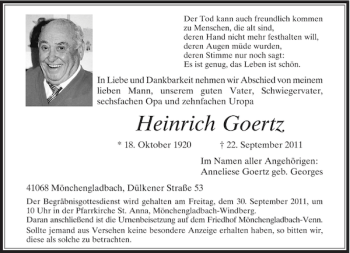Traueranzeige von Heinrich Goertz von Rheinische Post