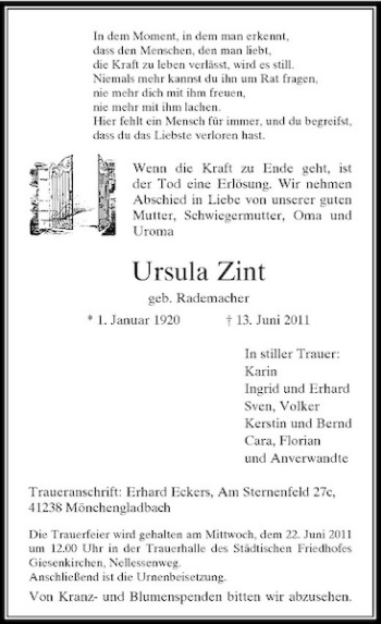 Traueranzeige von Ursula Zint von Rheinische Post