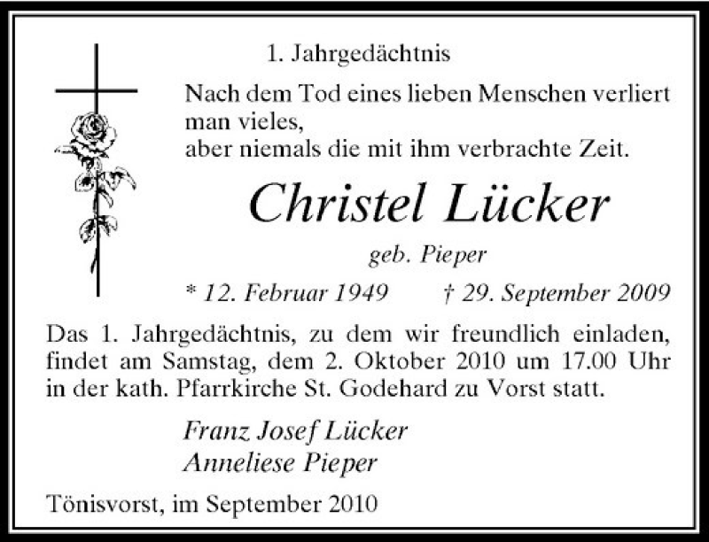  Traueranzeige für Christel Lücker vom 25.09.2010 aus Rheinische Post