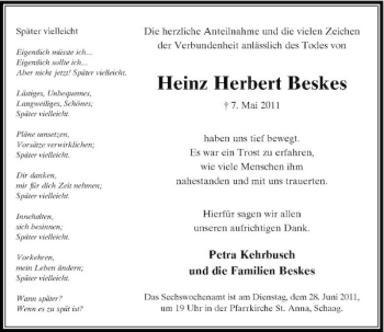 Traueranzeige von Heinz Herbert Beskes von Rheinische Post