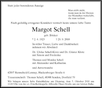 Traueranzeige von Margot Schell von Rheinische Post