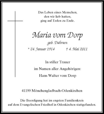 Traueranzeige von Maria vom Dorp von Rheinische Post