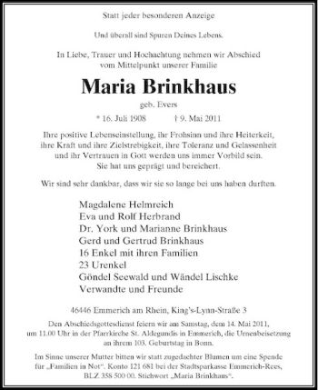 Traueranzeige von Maria Brinkhaus von Rheinische Post