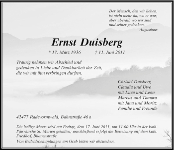 Traueranzeige von Ernst Duisberg von Rheinische Post