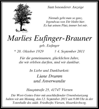 Traueranzeige von Marlies Eufinger-Brauner von Rheinische Post