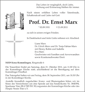 Traueranzeige von Prof. Dr. Ernst Marx von Rheinische Post