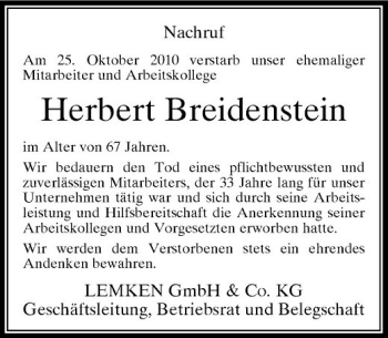 Traueranzeige von Herbert Breidenstein von Rheinische Post