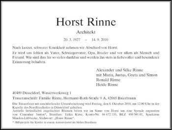 Traueranzeige von Horst Rinne von Rheinische Post