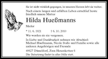 Traueranzeige von Hilda Hueßmanns von Rheinische Post
