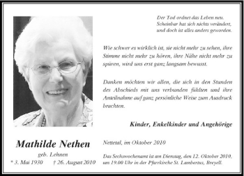 Traueranzeige von Mathilde Nethen von Rheinische Post