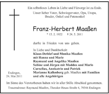 Traueranzeige von Franz-Herbert Maaßen von Rheinische Post