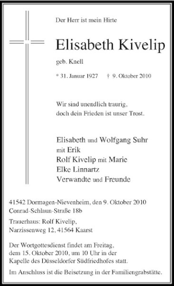 Traueranzeige von Elisabeth Kivelip von Rheinische Post