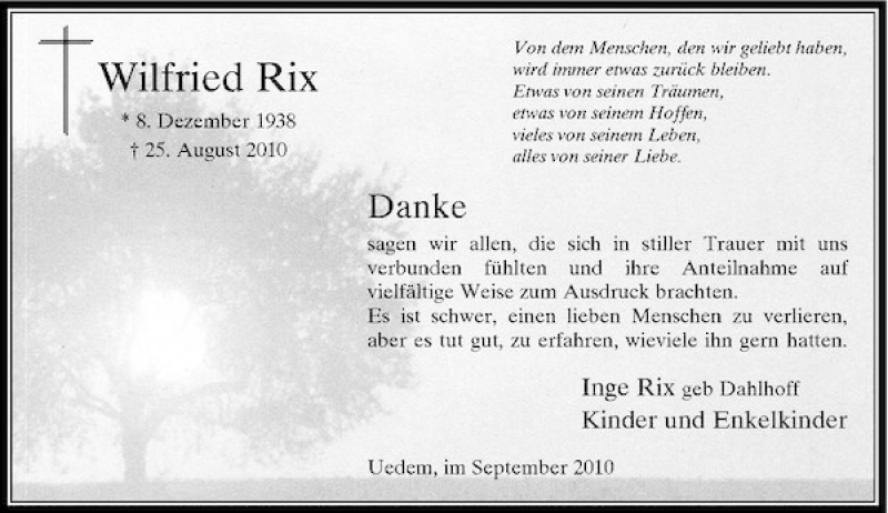  Traueranzeige für Wilfried Rix vom 25.09.2010 aus Rheinische Post
