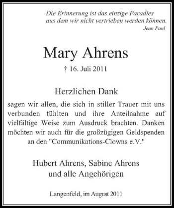 Traueranzeige von Mary Ahrens von Rheinische Post