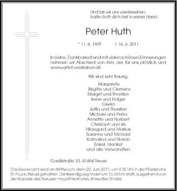 Traueranzeige von Peter Huth von Rheinische Post