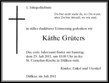 Traueranzeige von Käthe Grüters von Rheinische Post