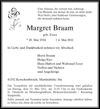 Traueranzeige von Margret Braam von Rheinische Post