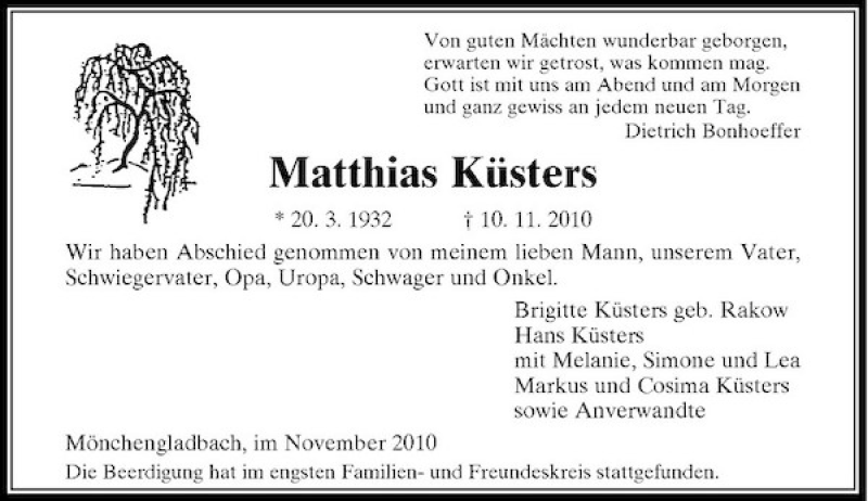 Alle Traueranzeigen für Matthias Küsters | trauer.rp-online.de