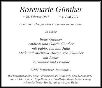 Traueranzeige von Rosemarie Günther von Rheinische Post