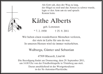 Traueranzeige von Käthe Alberts von Rheinische Post