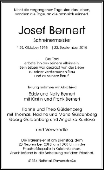 Traueranzeige von Josef Bernert von Rheinische Post