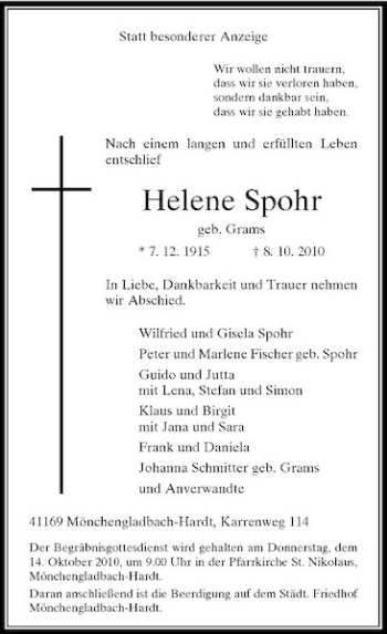Traueranzeige von Helene Spohr von Rheinische Post