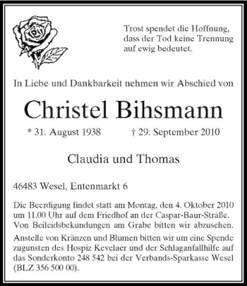 Traueranzeige von Christel Bihsmann von Rheinische Post